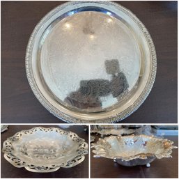 Set Of 3 Assorted Silver Plated Serving Tray And Bowls