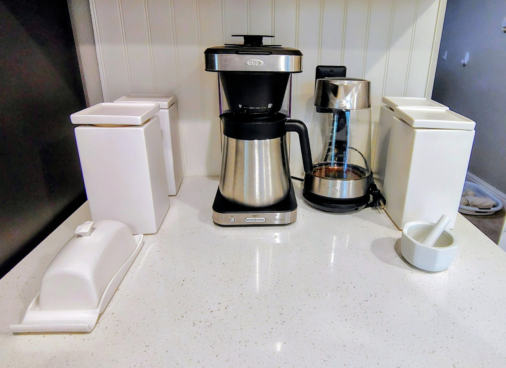 R3 Containers R3 Oxo Coffee Maker, 4 White Ceramic Crate & Barrel Containers, My Gift ...