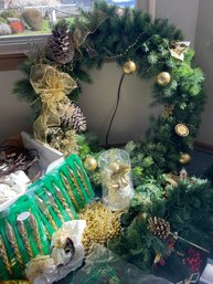 Lot Of Christmas Decor: Wreaths, Gold Icicles, Ornaments, Macys Musical Waterglobe