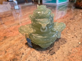 R0 Antique-Style Chinese Carved Green Stone Censer  Possible Xiuyan Jade Or Serpentine