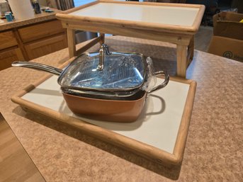 RR2 Copper Chef Frying Pot With Accessories, New Out Of Box, & Two Folding Wooden Eating Trays