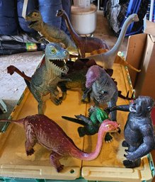 R0 Bin Of Dinosaurs. Small Dollhouse And Other Children's Toys