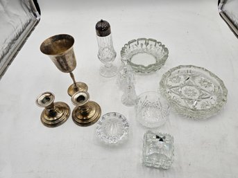 R4 Glass Ashtrays, Glass Salt Shaker, Glass Bells, Sterling Candle Holders, Glass Jewelry Box, Glass Bowl