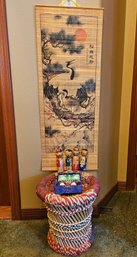R6 Vintage Japanese Kokeshi Dolls, Chinese Wall Scroll, Chinese Baoding Balls And Bamboo Stool