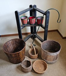R9 Black Arts And Crafts Style Folding Plant Stand, Plant Hook And Assorted Baskets
