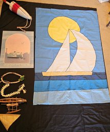 R9 Vintage Memorabilia To Include Nylon Applique Flag, Nautical Bouy, Cowrie Shell Lei Necklace And More