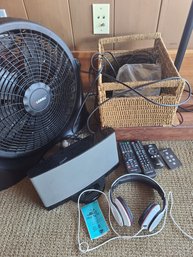 Bose Speaker, Lorell Fan, Floor Lamp, Pelonis Heater, Headphones, Remote, And Cords