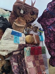 1800's English Brocade Purse, Brass Candlestick Holder, Watch, Linens, Leather Gloves, And Pewter Pitcher