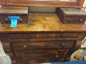 Vintage Wooden Dresser And Quilts, Sheets, Blankets, Applique And Embroidered Table Cloth And Napkins