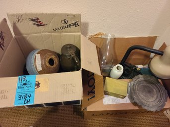 Brass Candlesticks, Pot With Handle, Teapot,  Glass Oil Lamp Top And Kerosene Pottery Base, Vase