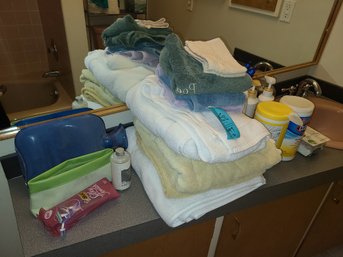 Towels, Cleaning Supplies, Metal Toilet Rack, Shampoo, Conditioner And Shower Chair