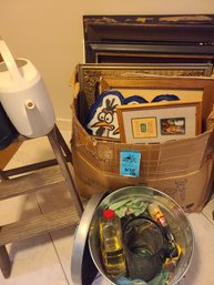 Frames, Art, Bird Feeder, Wooden Step Stool And Two Water Cans