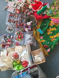 Christmas Decor Including Nut Cracker Themed, Tree Skirt, Hanging Ornaments, Nativity Set, Bags And Other Deco