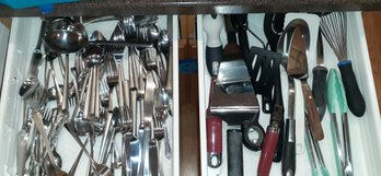 Assorted Kitchen Utensils, Serving Tools, And Flatware. Includes Knives, Peelers, Corkscrews And More