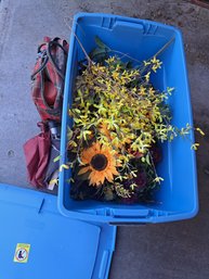 Artificial Flowers, Picnic Thermos Set, Umbrellas And Plastic Bin.