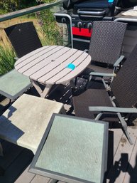 Three Folding Outdoor Chairs, Plastic Folding Table 29inx29in And Three Outdoor Side Tables