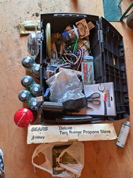 Assorted Camping Gear Including Two Propane Stove, Lantern, Clip On Fan, Small Propane Bottles