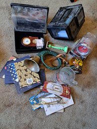 Two Desk Clocks, Coin  Organizer, Glass Pitcher Mug, Plate Hangers, Snow Globe And Aztec Video Projector