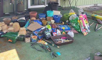 RM 00 Garden Lot To Include Tools, Watering Cans, Small Planters, Hats, Trash Cans, Weed Killer, Used Soil,