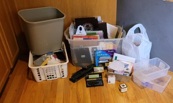 R4 Assorted Office Supplies Including Staplers, 3 Hole Punch, Envelopes, Post-its, Bag Of Pens, Trash Bin,