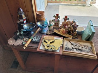 R3 Collection Of Knick Knacks Including Candleholder, Stained Glass Light House Lamp, Dream Catcher, Flute,