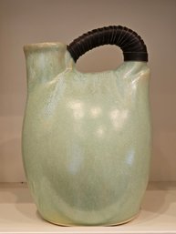 R1 Foreside Pottery Green Jug With Leather Wrapped Handle And Display Stand