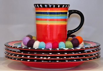 R1 Four Gibson Elite Handpainted Dinner Plates With One Matching Mug And Felt Trivet