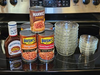 R2 Two Sets Of Small Pyrex Bowls, 4 Cans Of Bush's Baked Beans, Manwich Sloppy Joe Sauce, Sweet Baby Ray's Hic