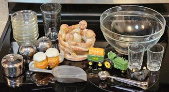 R2 Vintage Circle Of Friends Candle Holder, Glass Mixing Bowl, 7 Pyrex Custard Cups, John Deer And Cheers Salt