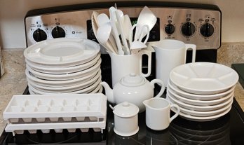 R2 White Dishes To Include Two Sets Of Fondue Plates, Teapot With Creamer And Sugar Bowl, Pitchers