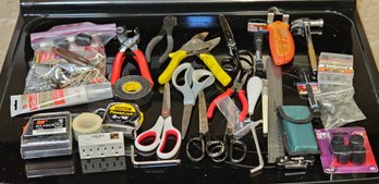 R2 Lot Of Tools, Including Scissors, Pliers, Mini Hammer, Screws, Measuring Tapes, Pocket Knives, Exacto Knife