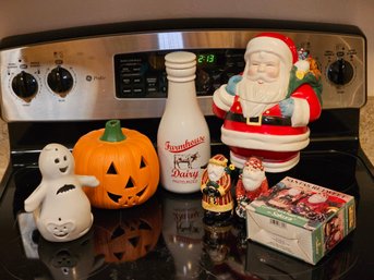 R2 Holiday Lot To Include Santa Cookie Jar, 'Santa's Retweet' Salt And Pepper Shakers, Halloween Candle Holder