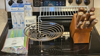 R2 Chicago Cutlery Knife Block Set, Dish Drying Rack, Spiral Fruit Bowl, Individually Wrapped Plastic Straws,