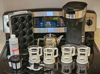 R2 Famiworths Coffee Maker, Keurig K-Cup Storage Rack, 4ct Bodum Mugs, Stellar Stainless Steel Teapot, Keurig