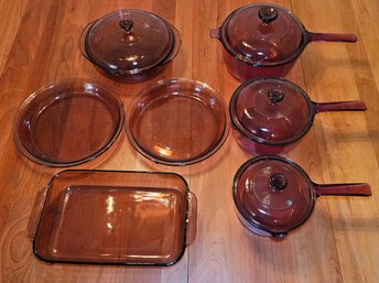 R2 7ct Mix Of Vintage Cranberry Pyrex And Corning Cookware