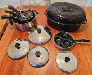 R2 Large Roasting Pan, Egg Poacher Pan, And 4ct Revere Ware Pots