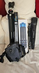 R1 Tripod Lot To Include MeFoto RoadTrip Tripor Kit, Rokinon Monopod M67, Manfrotto 488RC2 Tripod