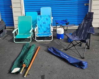 S5 Assorted Beach Chairs, Folding Camp Table, Cooler, Umbrella
