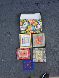 S5 Antique Chinese Silk Embroidered Textiles, 1 Framed Piece, 1 Hmong Reverse Applique, Neiman Marcus Gift Box