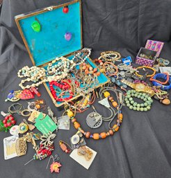 S5 Large Jewelry Lot & Wooden Box To Include Necklaces, Bracelets, Pins, Rings, Pendants