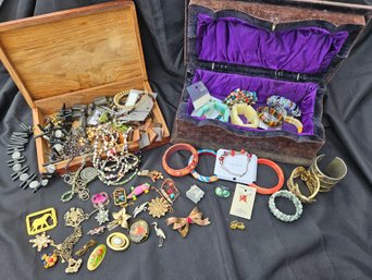 S5 Large Jewelry Lot To Include Velvet & Wooden Boxes, Necklaces, Bracelets, Earrings, Pins
