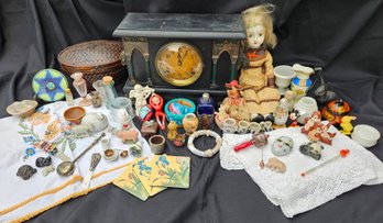 S5 Ornate Clock, Dolls, Figurines, Embroidered & Lace Runners, Pottery, Glass Bottles, Small Decor
