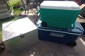 R00 Coleman Rolling Cooler, Igloo Cooler & Metal Storage Box  With Hinged Lid. See Photos For Measurements