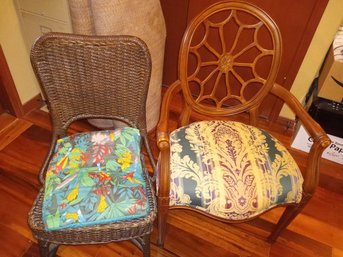 R2 Ethan Allen Spiderback Chair And Brown Antique Wicker Rocking Chair With Cushion That Is Also A Quilt