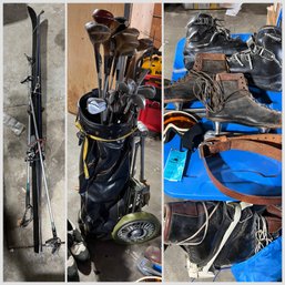 Vintage Sports Equipment Including Blue Tote