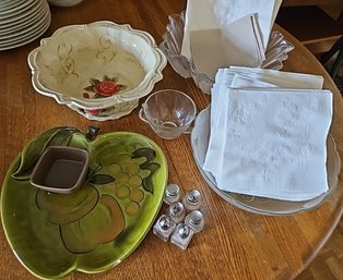 R7 Two Glass Bowls With Design, Two Ceramic/porcelain Pieces, Salt And Pepper Shakers, Small Plate,and Napkins