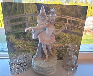 R5 Porcelain Ballerina Music Box With Two Small Glass Containers And Water Lily Pond Photo