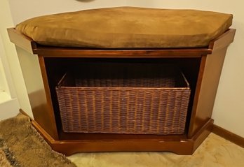 R10 Wooden Corner Bench With Wicker Basket