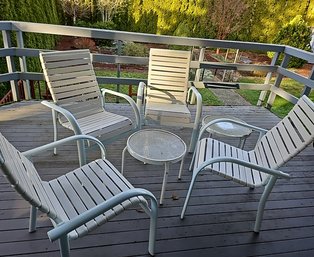 R00 Four Patio Chairs With Two Small Glass/Metal Tables