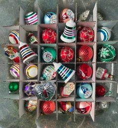Two Layers Of Vintage Glass Ornaments In Case